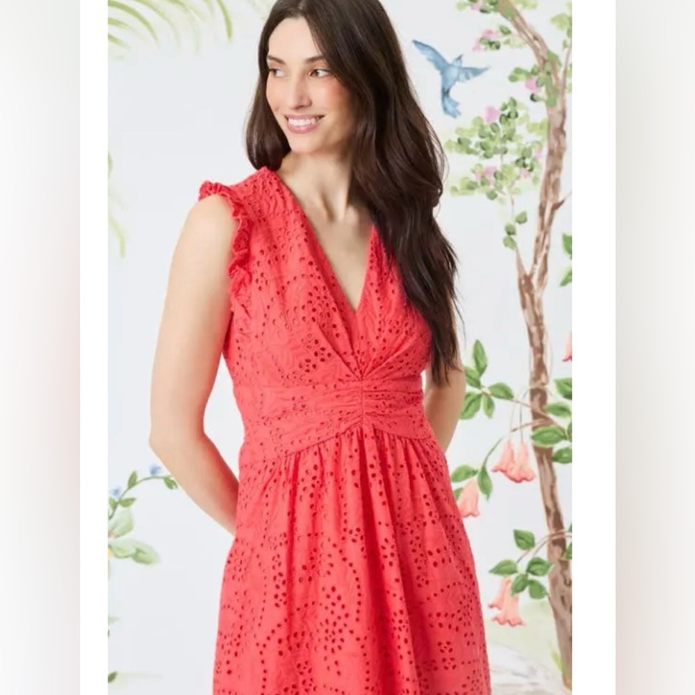 Maggie London Coral Eyelet Midi Dress